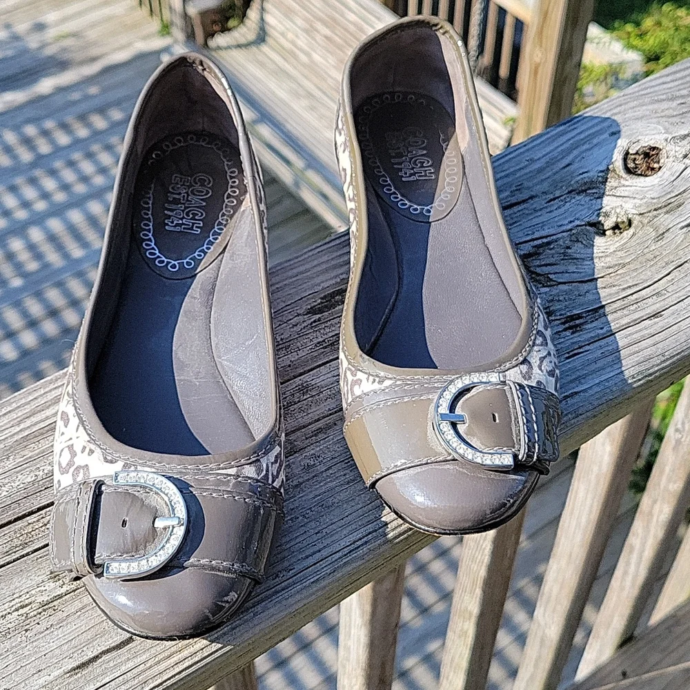 Coach Taupe Leather & Patent Ballet Flats with Buckle